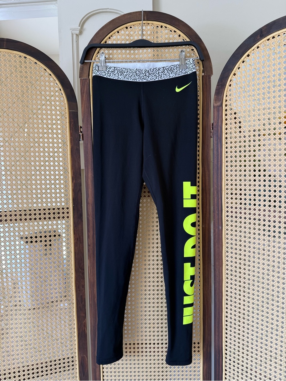 Nike Black Leggings with Neon Yellow 'JUST DO IT' Side Print